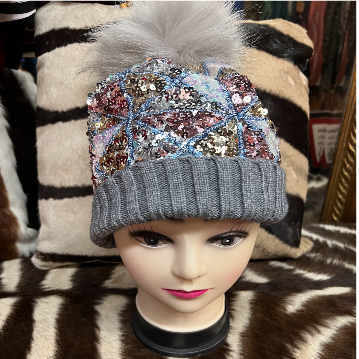 Sequin Cuff Beanie Hat with Decorative Details Acrylic White Beanie Hat With Sequins / Sequin Embellished Hat  main image 3