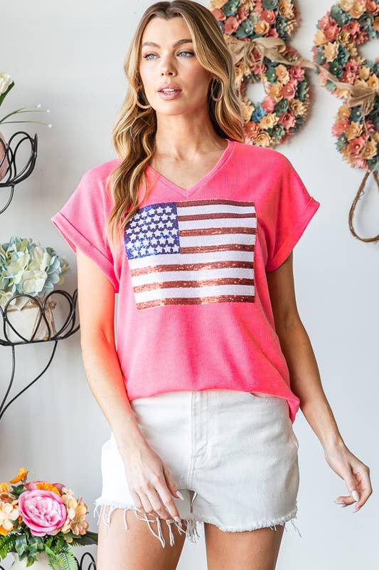 SOLID TOP w/ SEQUINS FLAG PATCH