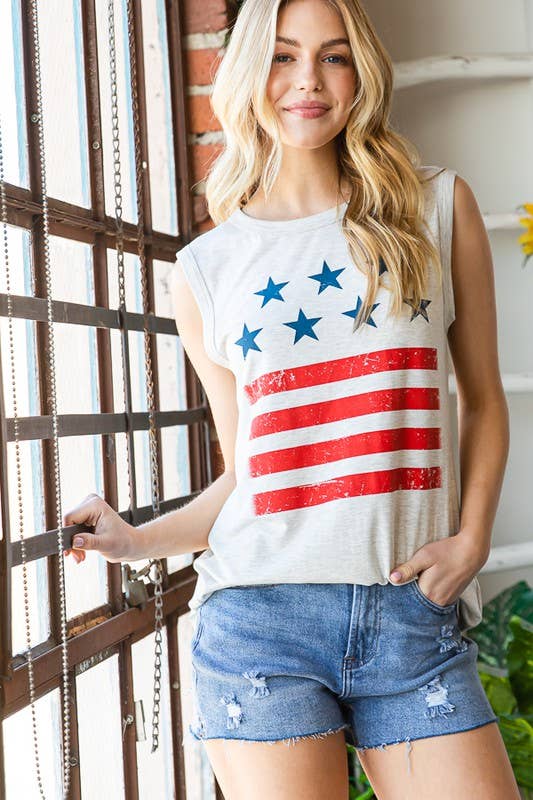 ET7318-10 SLEEVELESS SOLID WITH FLAG THEME TOP: 2-2-2 (1X-2X-3X) / H GREY