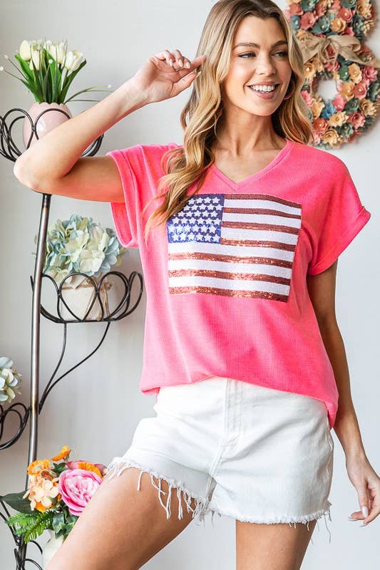 SOLID TOP w/ SEQUINS FLAG PATCH