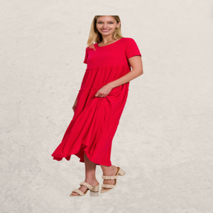Tiered Short Sleeve Midi Dress Raw Hem Roses on the Vine Tiered Short Sleeve Midi Dress Raw Hem Roses on the Vine
