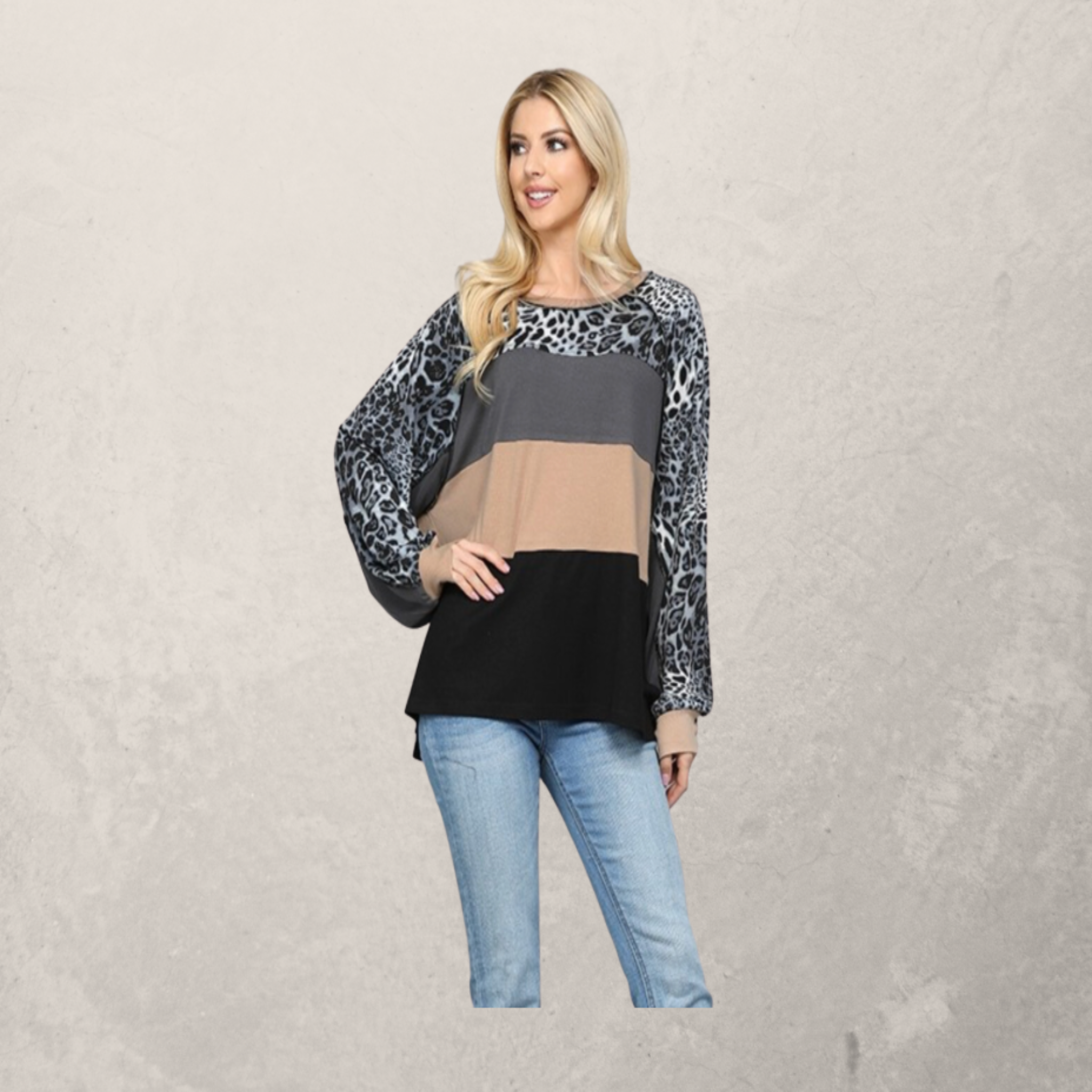 Leopard Print and Knit Mixed Loose Fit Top