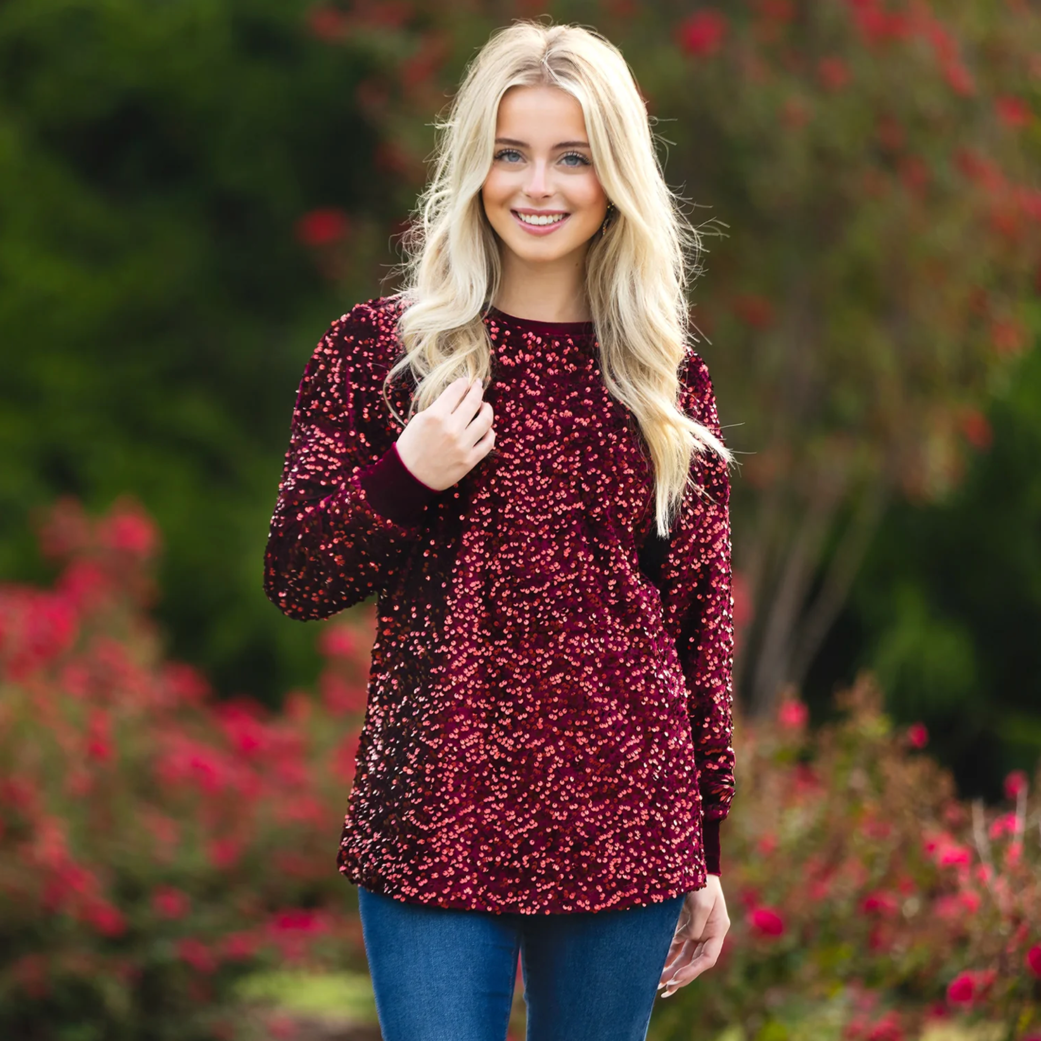 Wine Sequin Long Sleeve Top