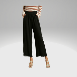 Wide Leg Pants with Elastic Waist, Pockets, and Frayed Hem