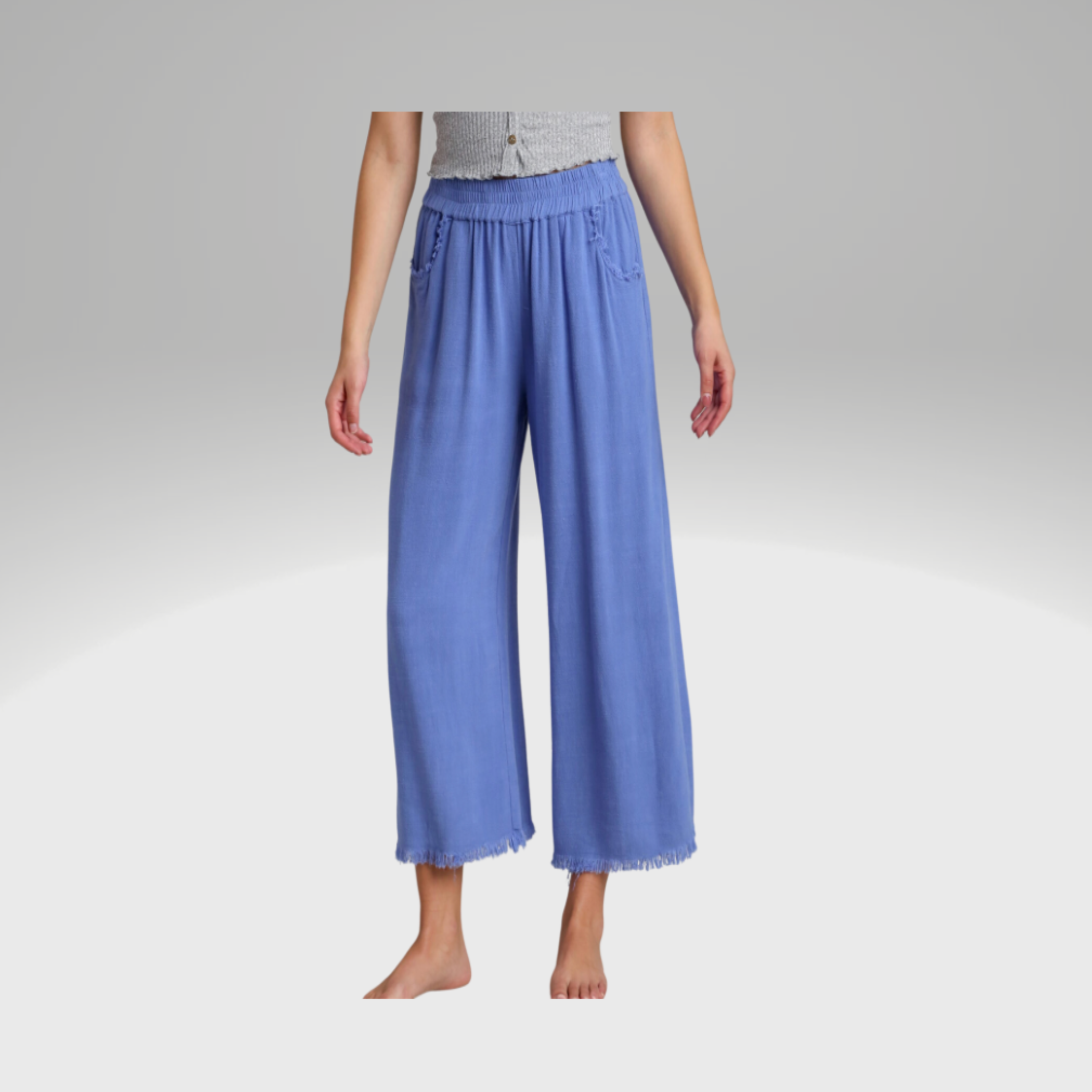 Wide Leg Pants with Elastic Waist, Pockets, and Frayed Hem