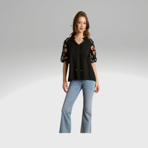 Top with Puff Embroidery Sleeves
