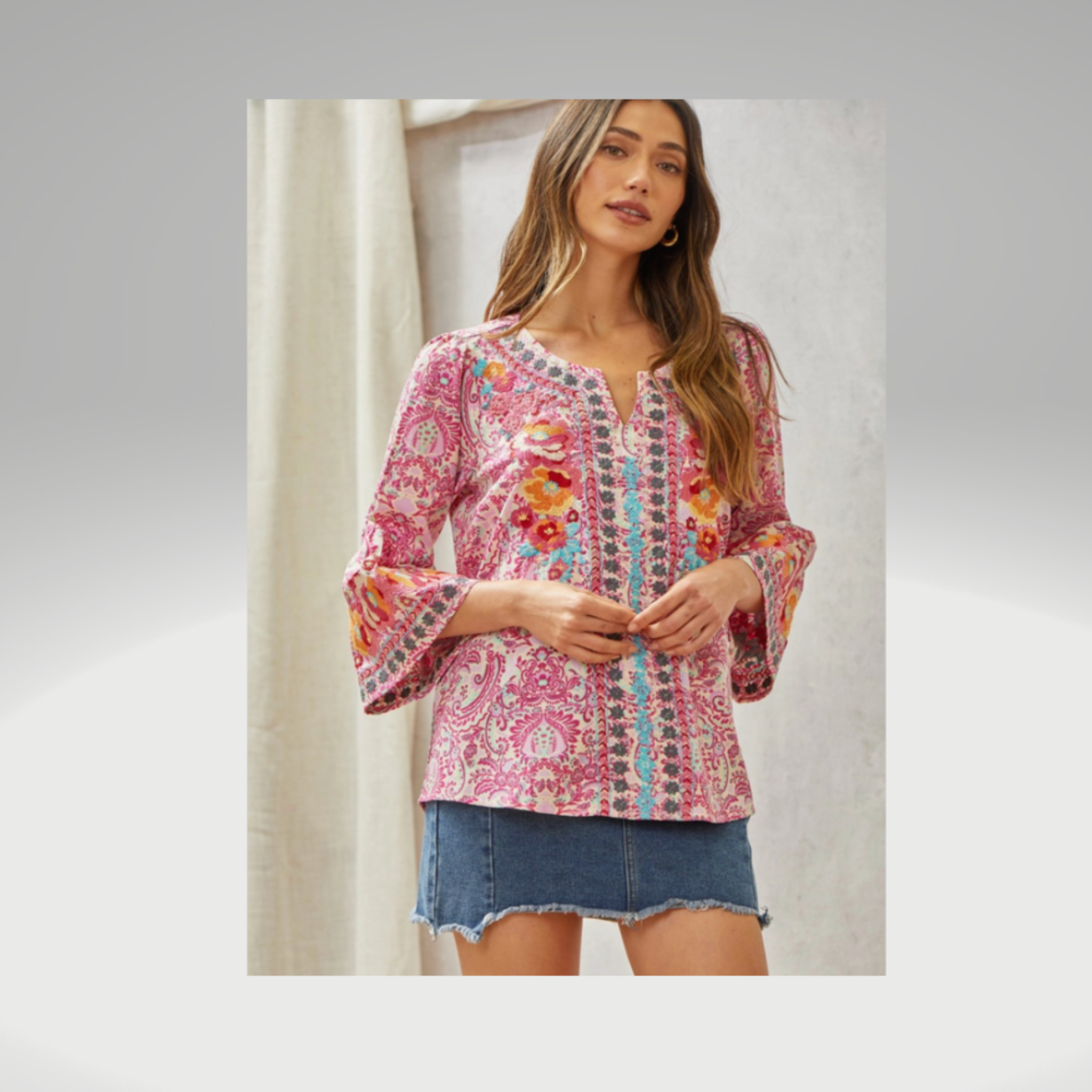 Print embroidery tunic top Magenta & Teal