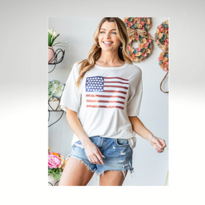 SHORT SLEEVE ROUND NECK SEQUINS FLAG PATCH TOP