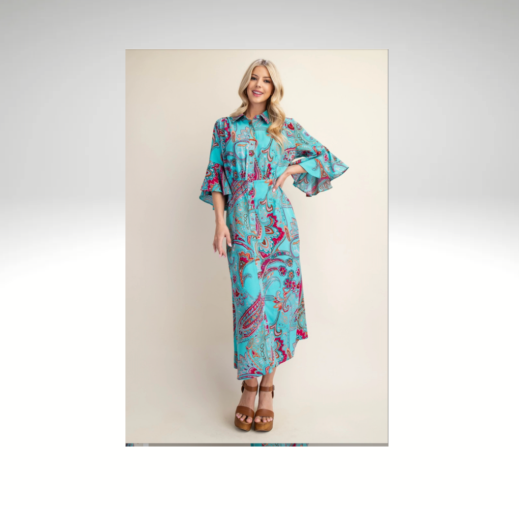 Printed Midi Dress with Ruffled Bell Sleeves