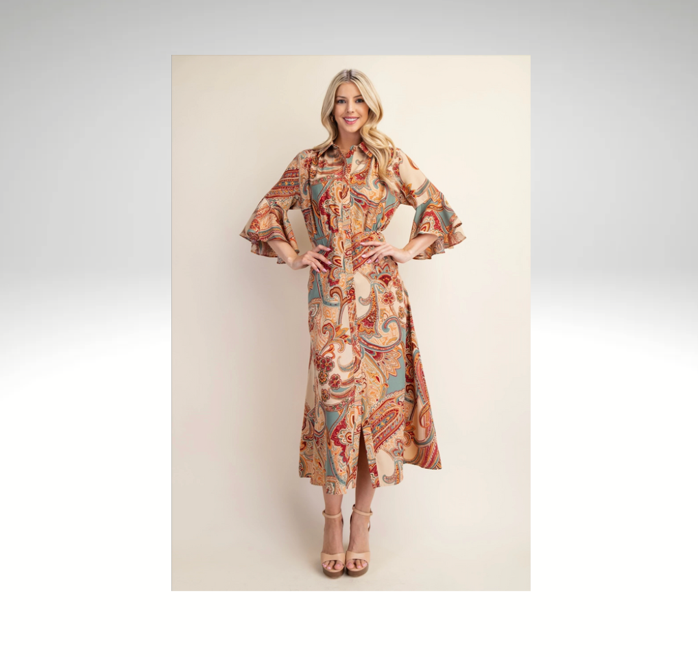 Printed Midi Dress with Ruffled Bell Sleeves