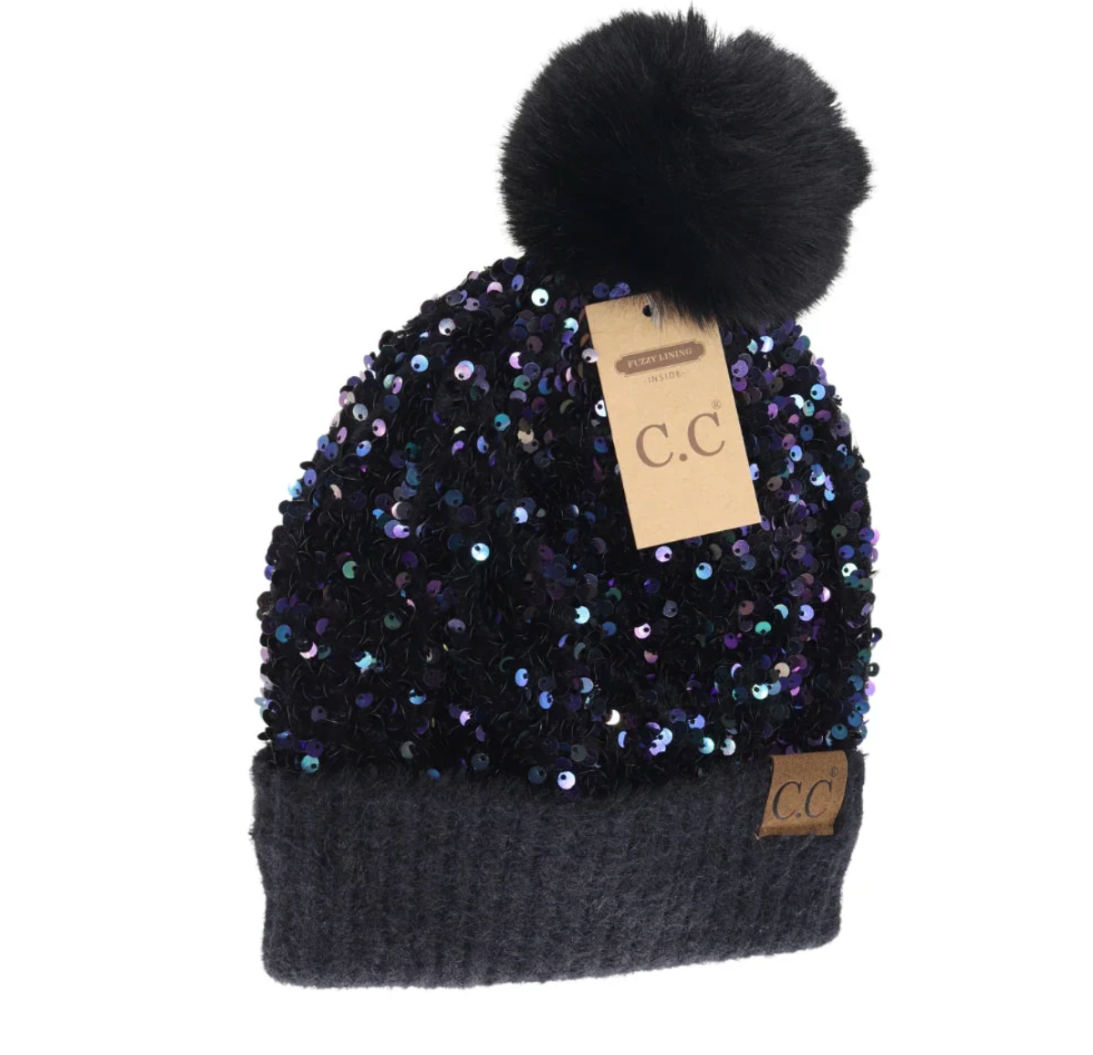 CC Beanie Cluster Sequin Faux Fur Pom