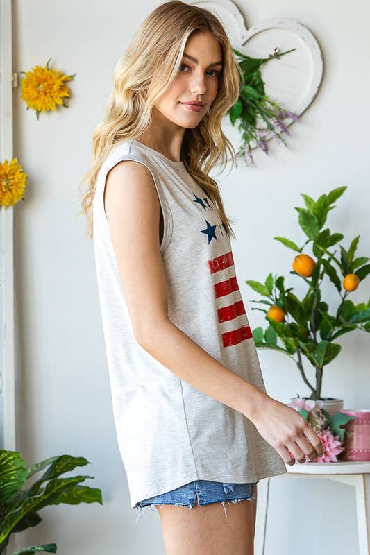 ET7318-10 SLEEVELESS SOLID WITH FLAG THEME TOP: 2-2-2 (1X-2X-3X) / H GREY