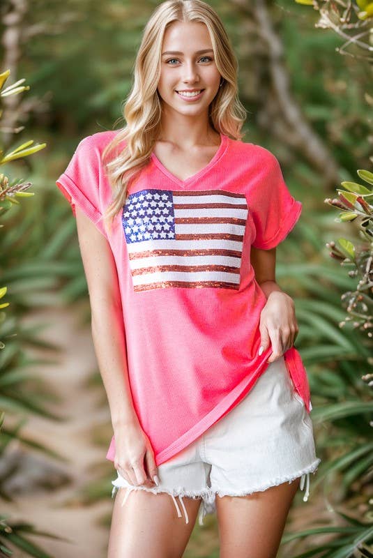 SOLID TOP w/ SEQUINS FLAG PATCH