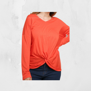 Long Sleeve Heathered V-Neck Top with Front Knot Detail