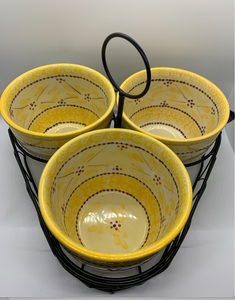 Yellow Serving Dishes with Trivets, Lids & Iron Serving Stands
