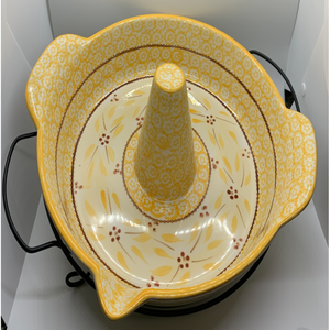 Yellow Serving Dishes with Trivets, Lids & Iron Serving Stands
