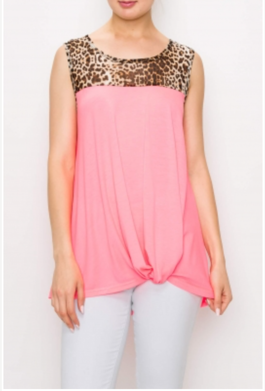 Solid and Flowers Mesh Contrast Top w/Front Knot