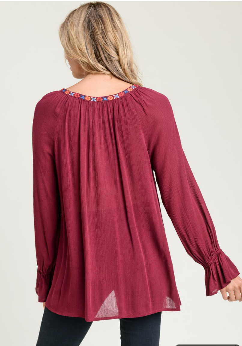 Long Sleeve Embroidered w/ Tassel Tie