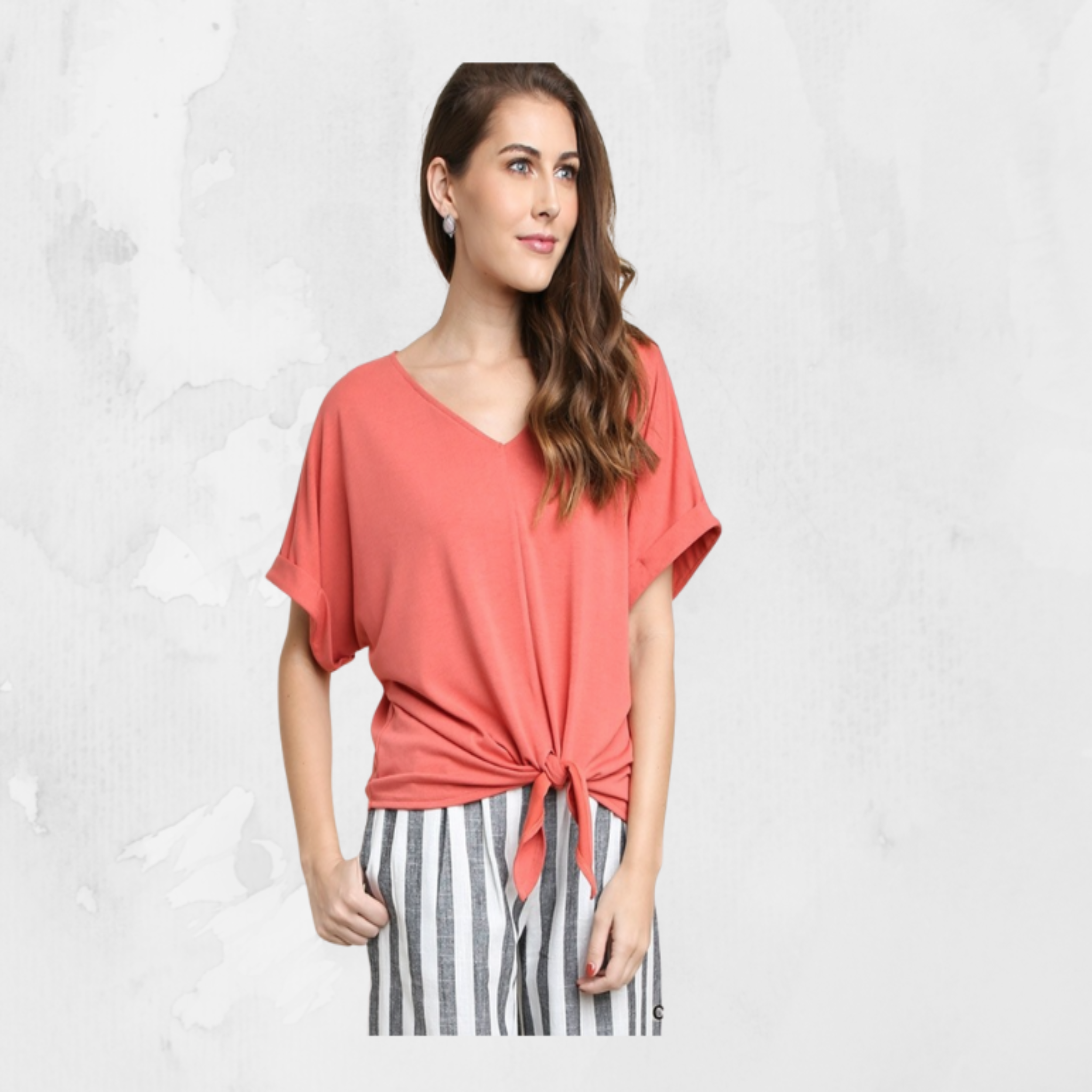 Rolled Short Sleeve V-Neck Top with Center Waist Tie  by Umgee