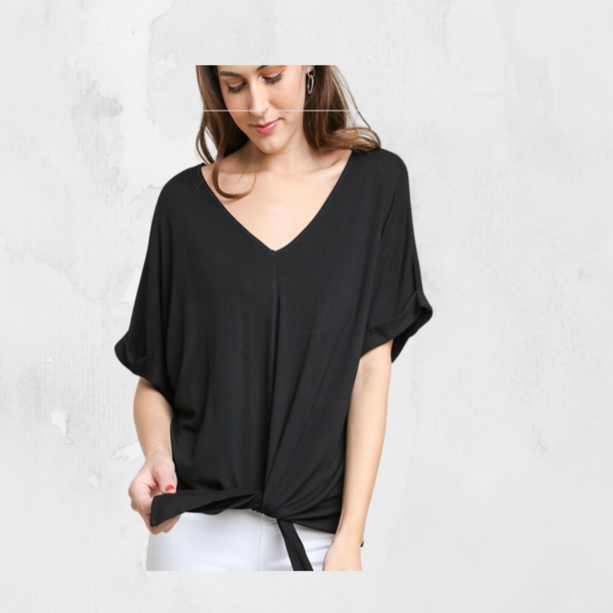 Rolled Short Sleeve V-Neck Top with Center Waist Tie  by Umgee