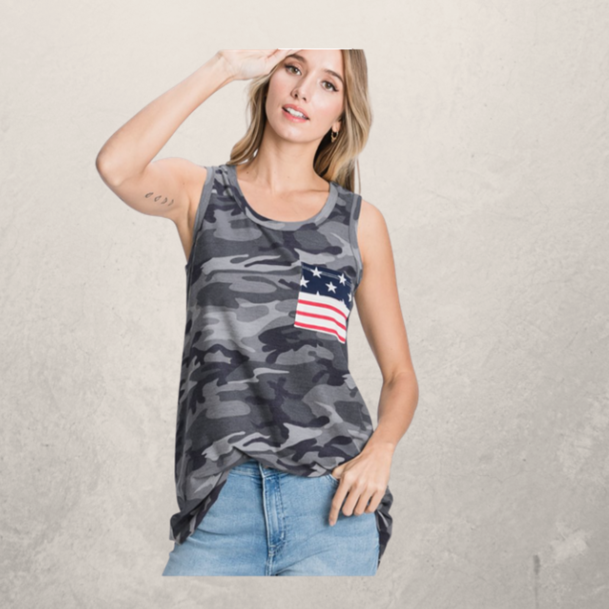 Camo Tank Top with Red White & Blue Pocket