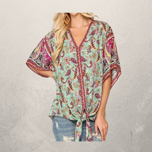 Paisley Printed V-Neck Top with Front Tie