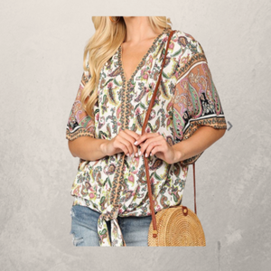 Paisley Printed V-Neck Top with Front Tie