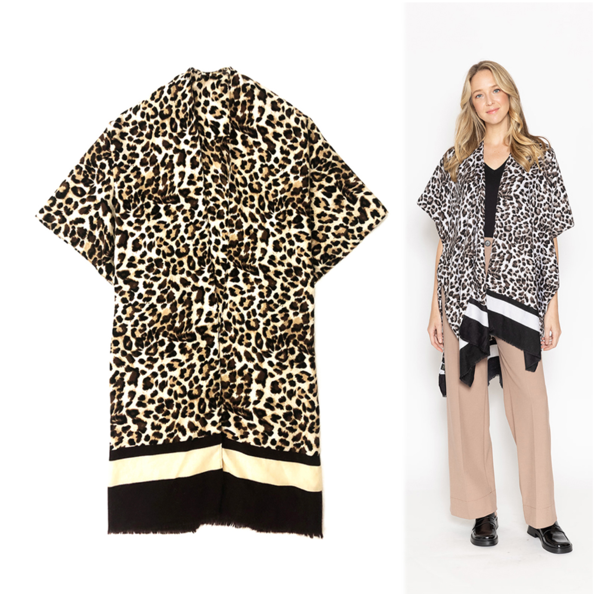 Leopard Print Kimono Tunic w/Stripe Border