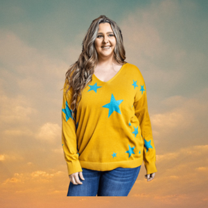 Mustard V Neck Sweater w/ Stars