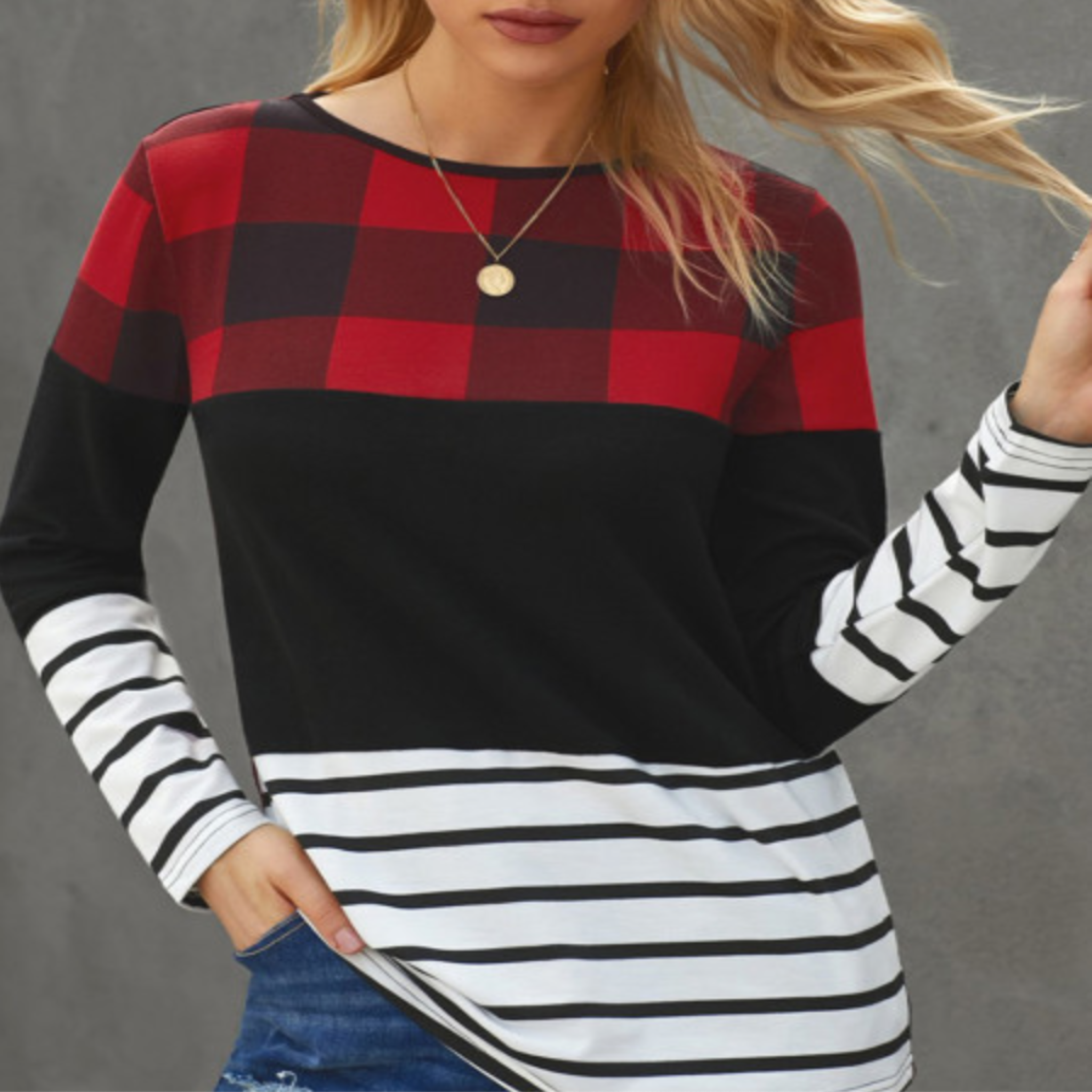 Red Plaid Striped Color Block Long Sleeve Top