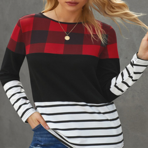 Red Plaid Striped Color Block Long Sleeve Top