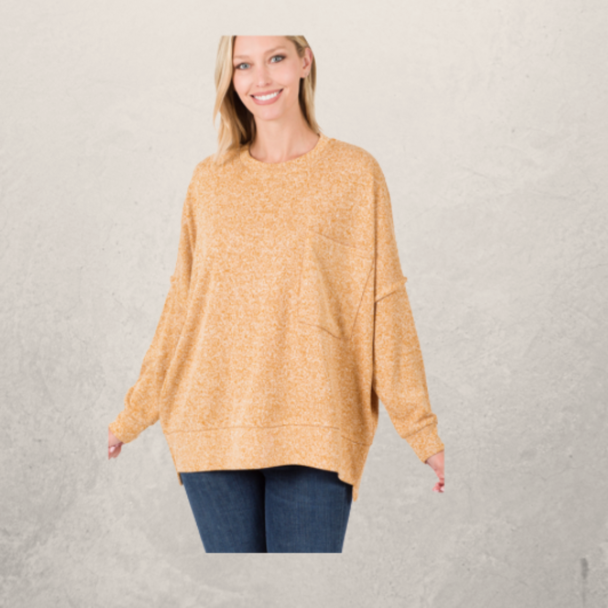 Round Neck Melange Hi-Low Pocket Sweater