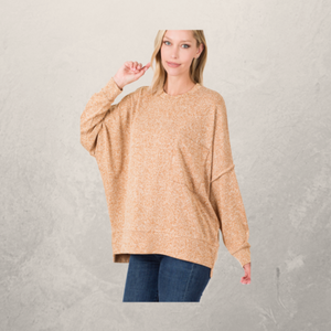 Round Neck Melange Hi-Low Pocket Sweater