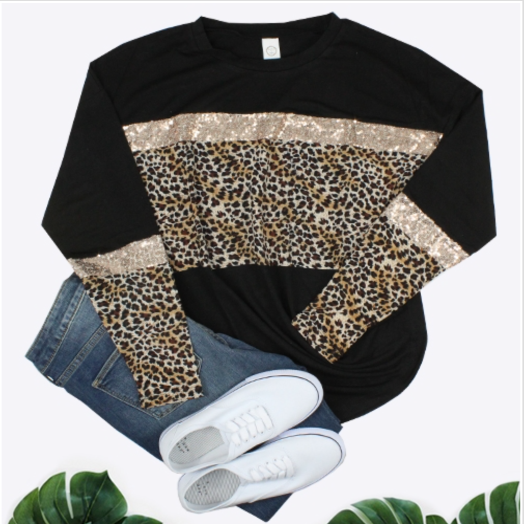Leopard and Sequin Long Sleeve Top