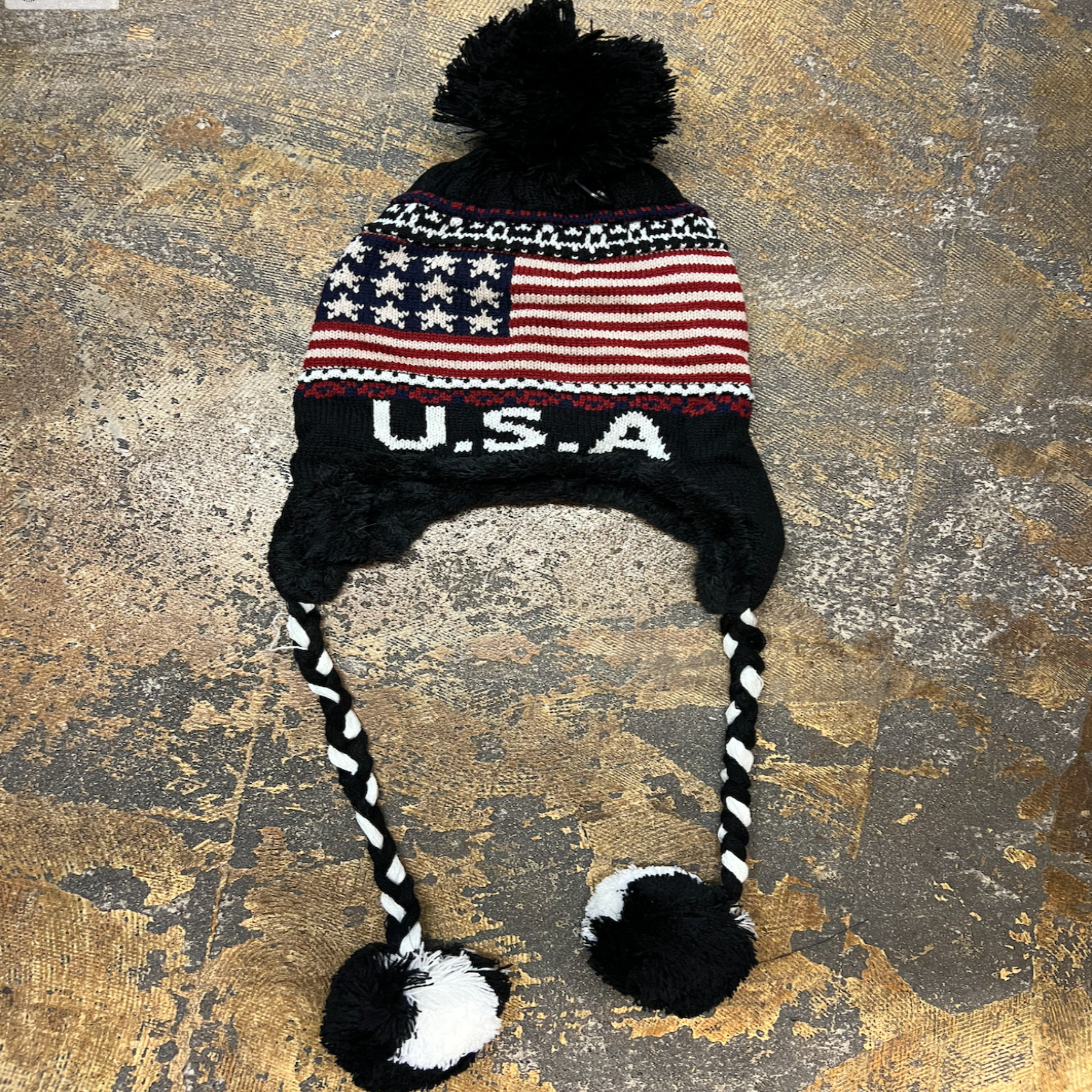 Red white and top blue winter hats