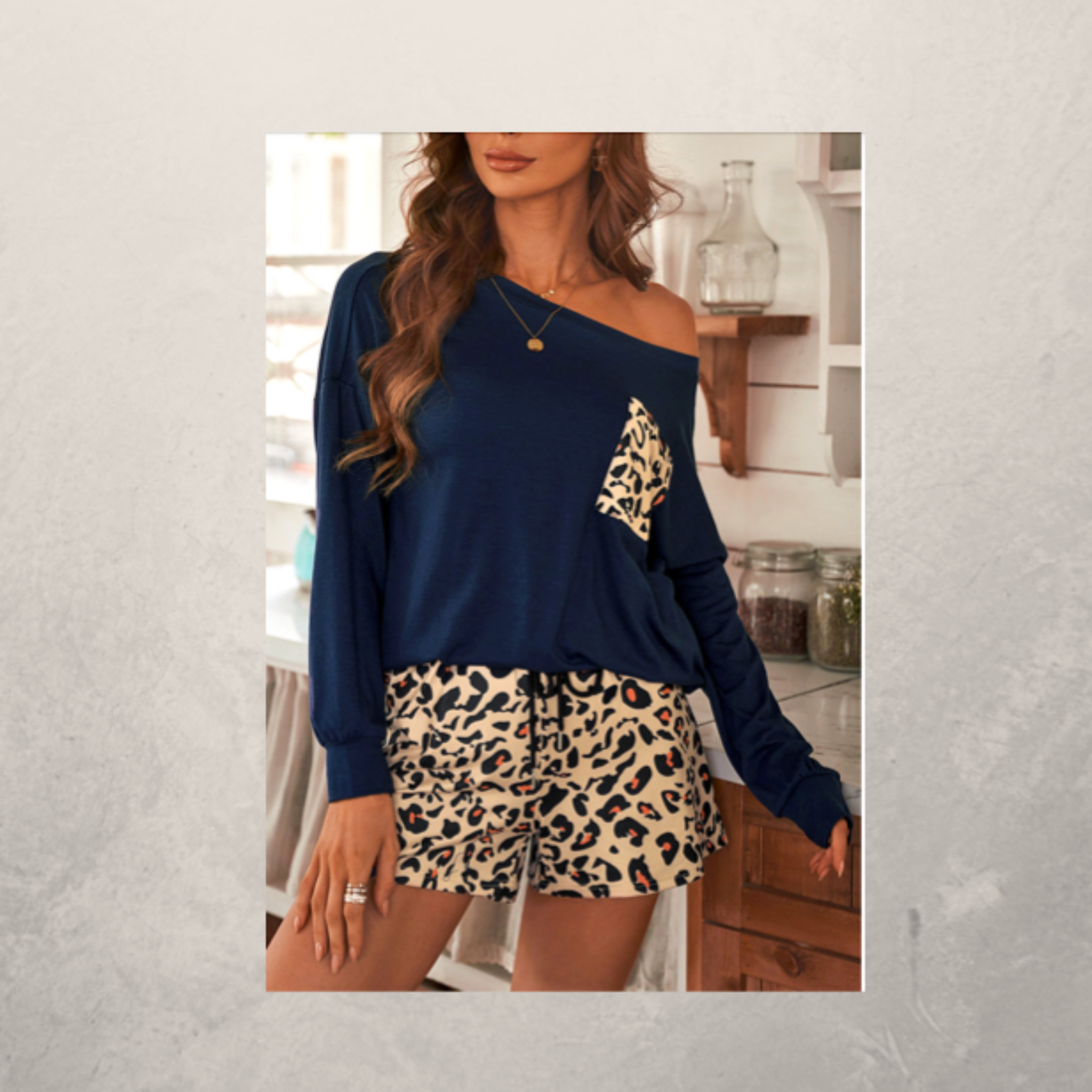 Blue Solid Long Sleeve and Leopard Shorts Loungewear
