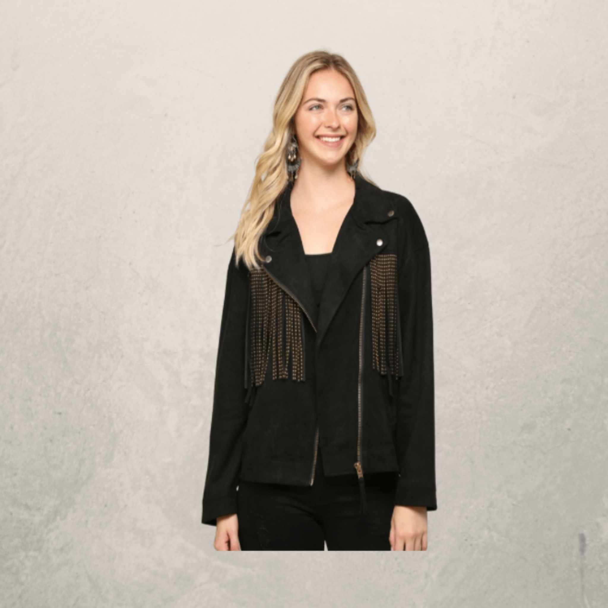 Solid Suede and Fringe Moto Jacket with Zipper and Pockets