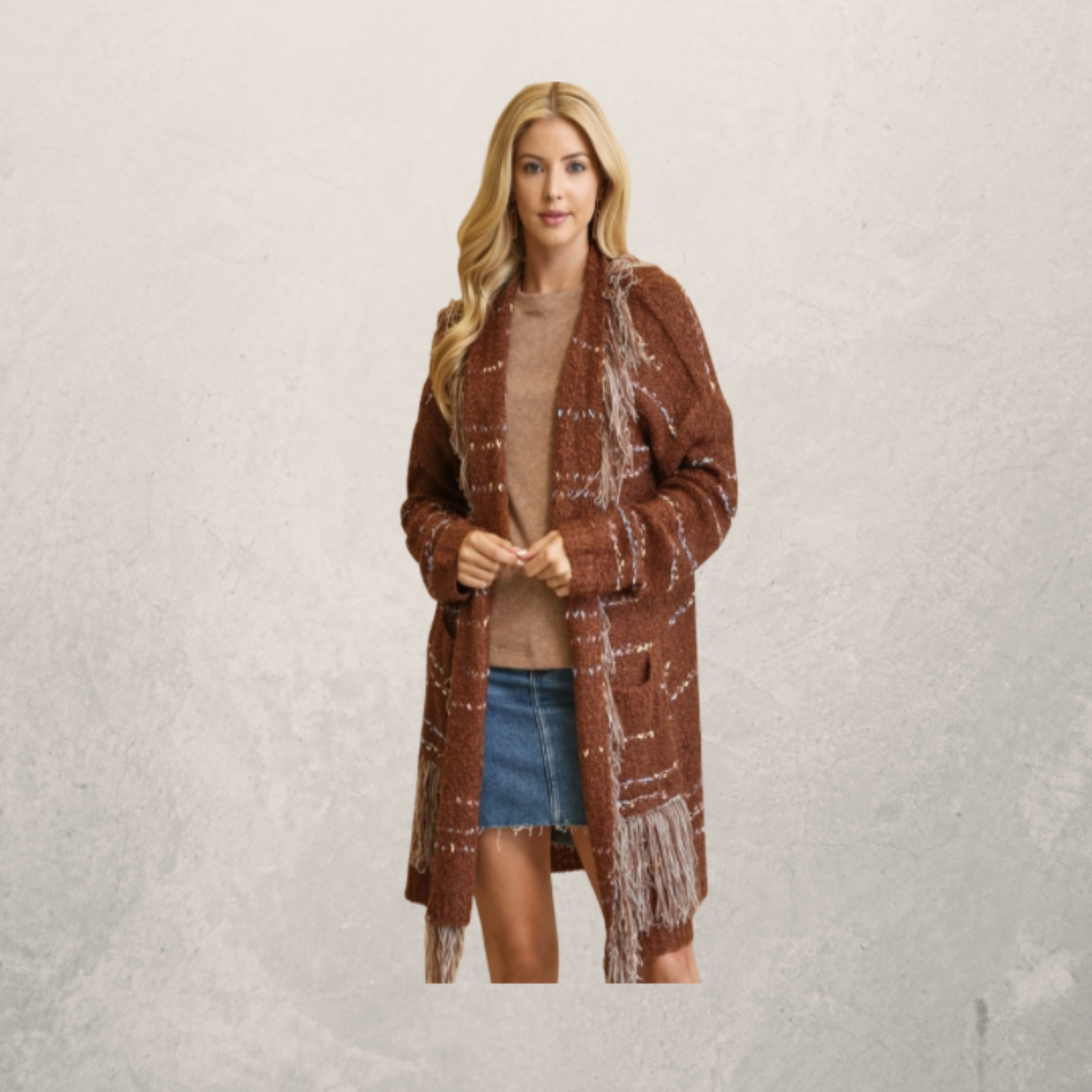 Multi Thread Mixed Sweater Cardigan with Fringe Detail and Pockets