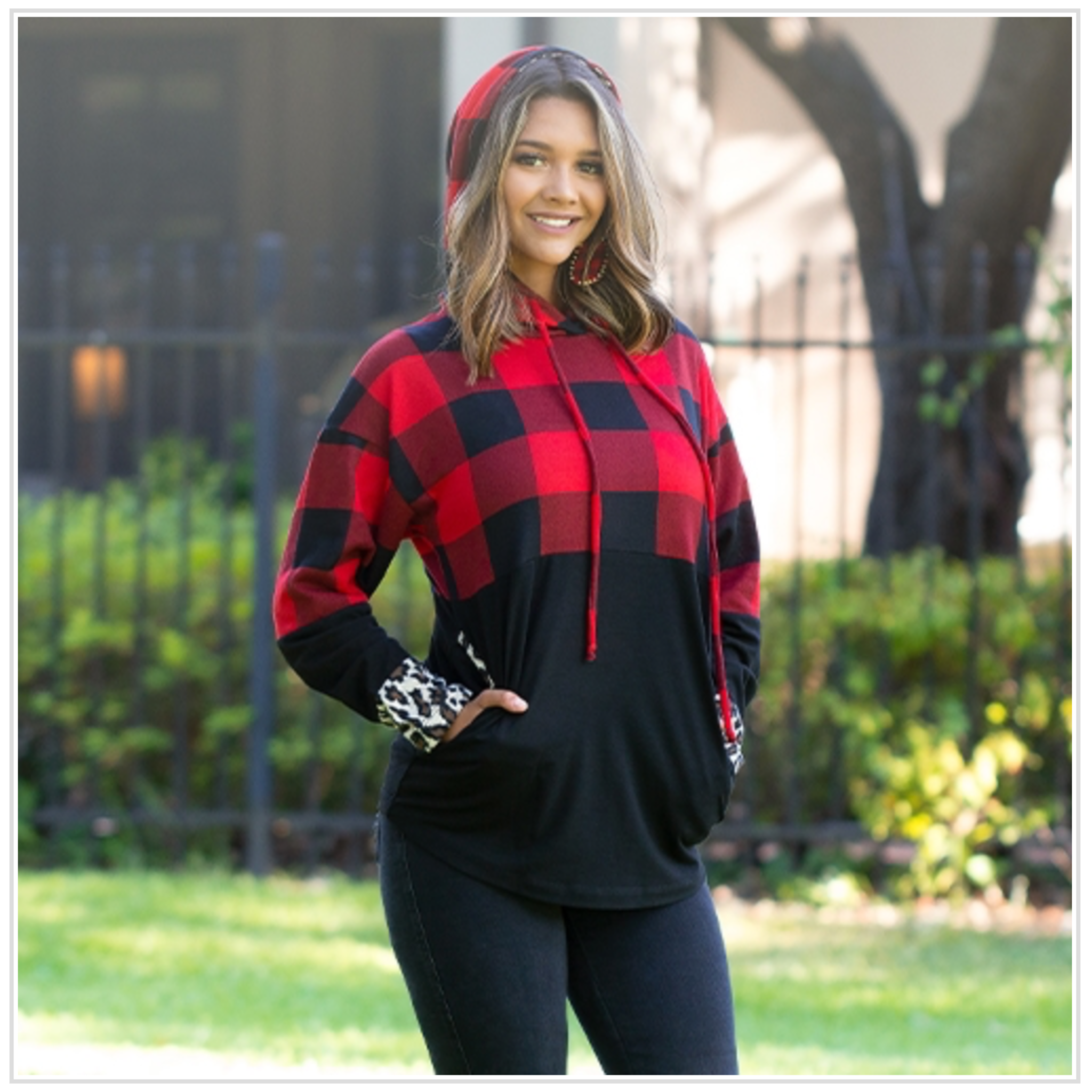 Buffalo Plaid Hoodie with Leopard Accents  Leopard inside hood and on sleeve cuffs