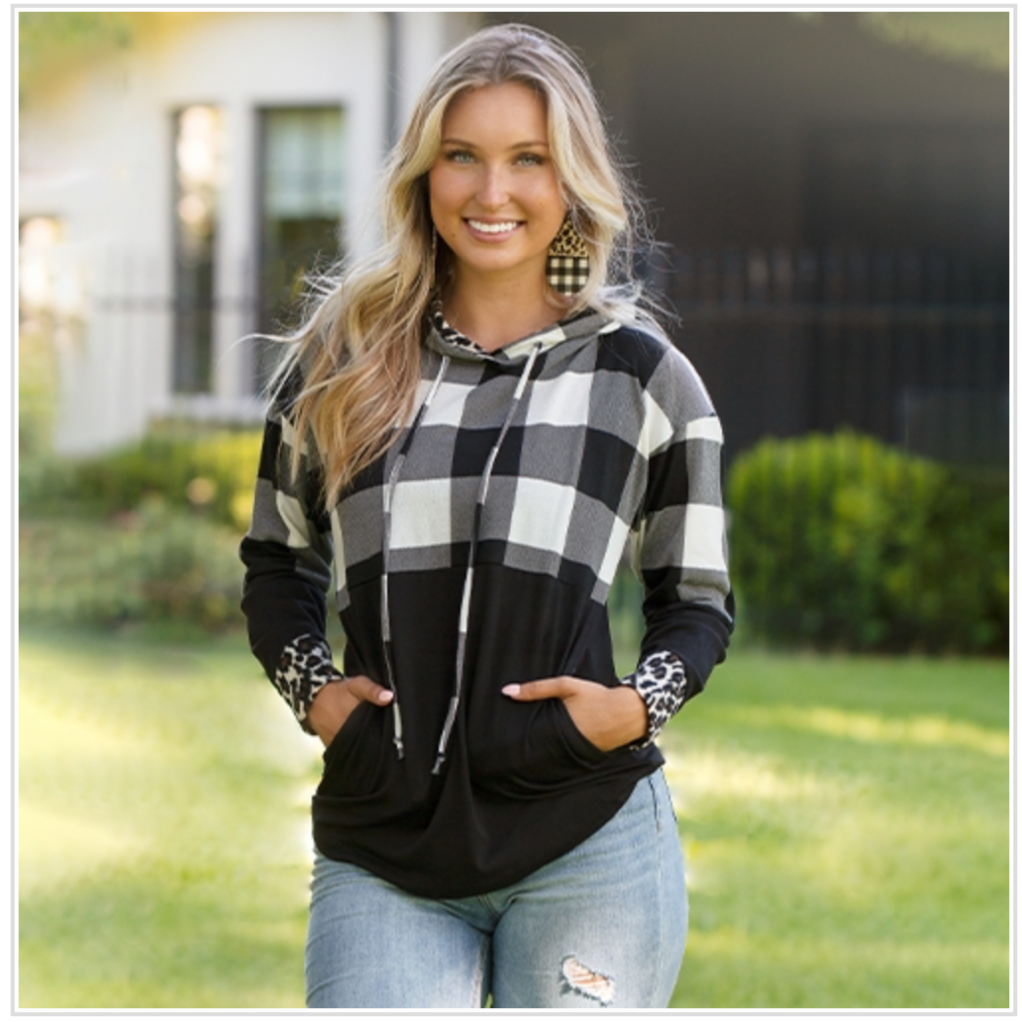 Buffalo Plaid Hoodie with Leopard Accents  Leopard inside hood and on sleeve cuffs