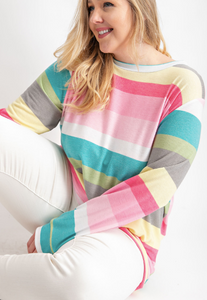 Multi Color Stripe French Terry Long Sleeve Top by 143 Story