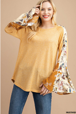 Solid Knit Top with Floral Sleeves by Kori