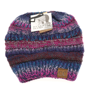 CC Beanie Messy Bun Multi Color Cable Knit