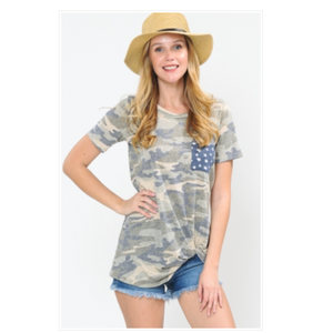 Camo Print Top with Star Chest Pocket & Twisted Hem